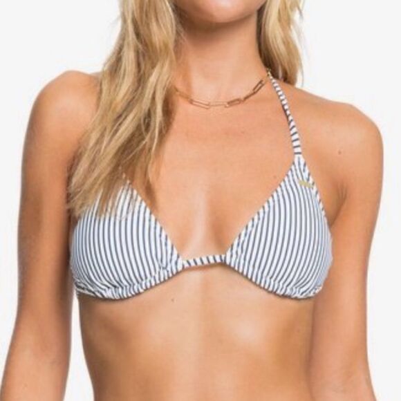 Roxy Beach Classics Tiki Tri Bikini Top Size M White & Navy Blue Stripes Striped - Picture 1 of 6